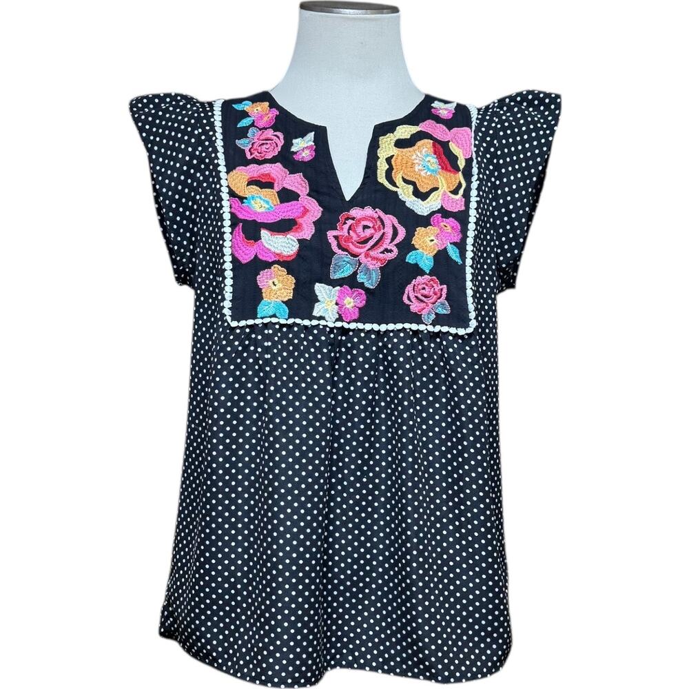 Savanna Jane Flutter Sleeve V-Neck Tunic Black Polka Dot Floral Medium